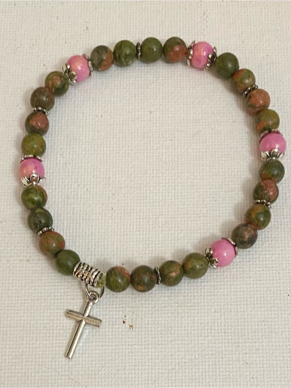 Unakite & Rhodonite crystals with a cross charm bracelet